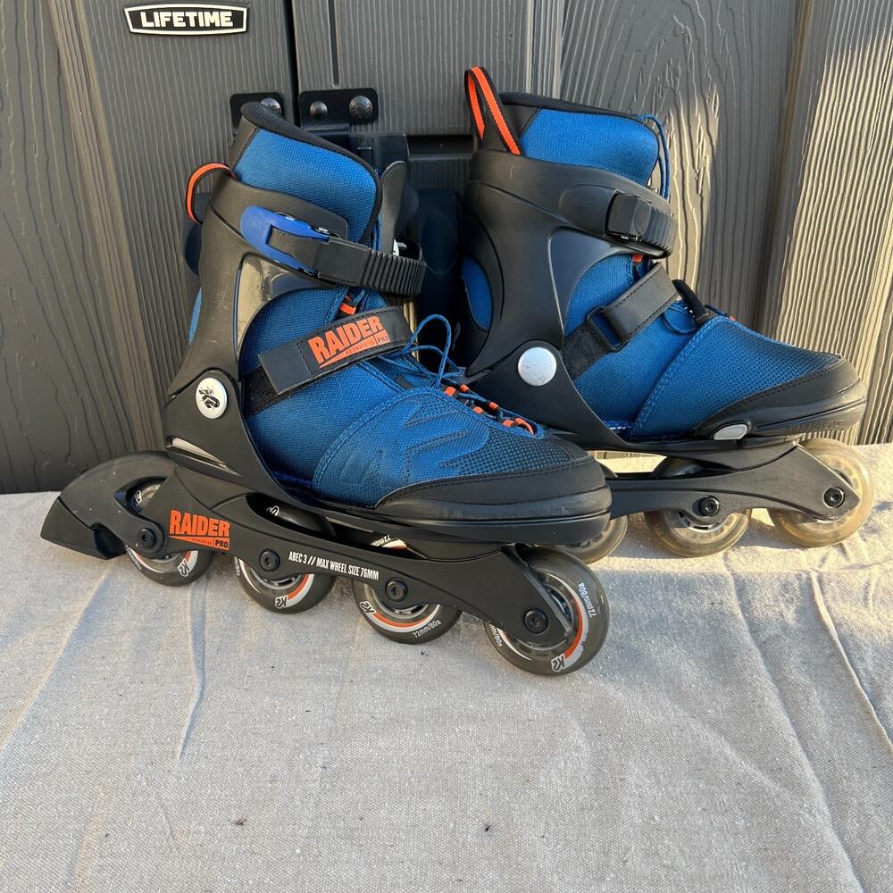 K2 Raider Pro Adjustable Inline Skates Youth SZ 4-8 Great Cond Black Blue 72mm